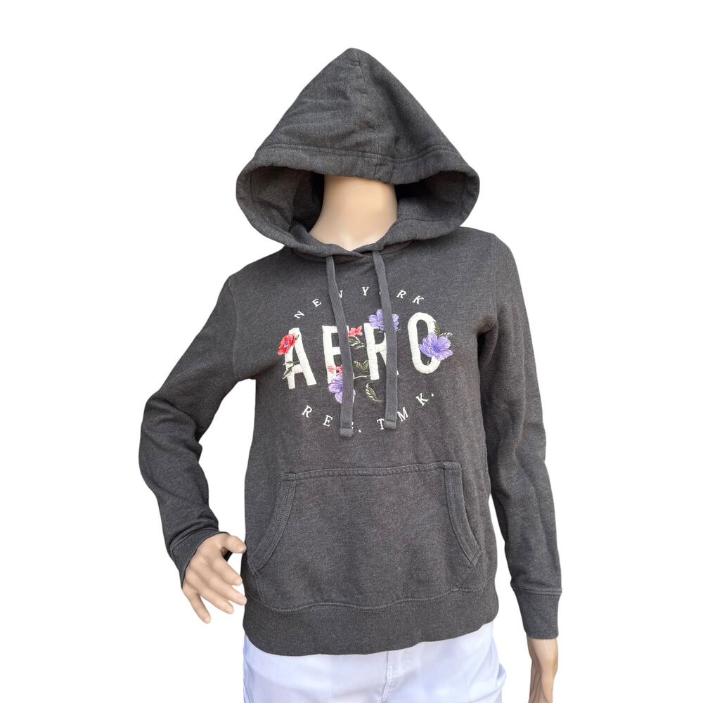 Aeropostale Charcoal Gray Floral Embroidered AERO Logo Pullover Hoodie Women XS